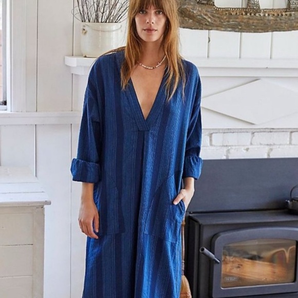 Free People Yumi Long-sleeve Dress in Indigo Stripes XS - Picture 1 of 7